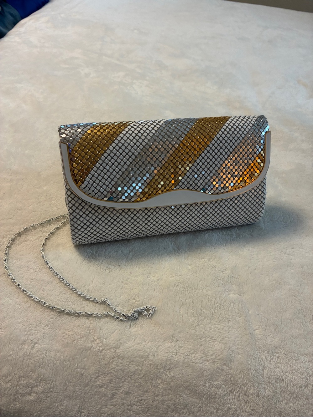Vtg 70s 80s Metal Mesh Clutch Bag Art Deco Tri Tone Chainmail Purse Silver Gold